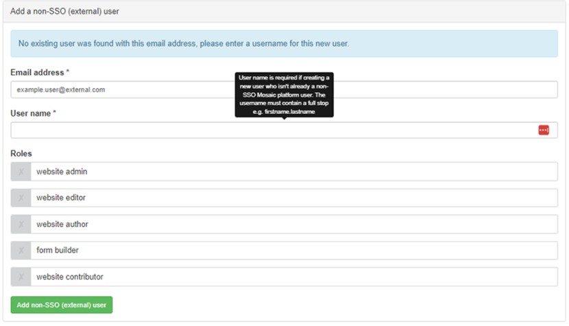 screenshot of available roles when adding an external user 