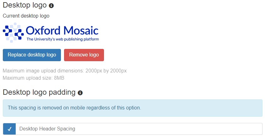 Screenshot of header site settings for uploading or replacing a desktop logo and option to use logo padding