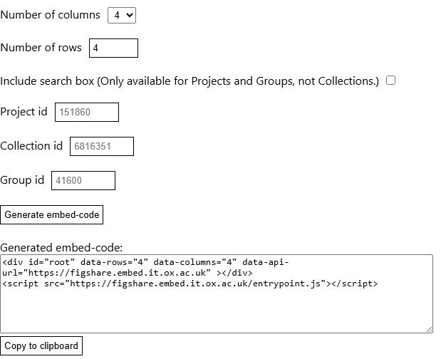 Screenshot of Helper page to generate embed code for Figshare web galleries
