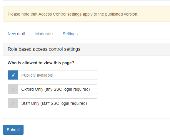 Screenshot of options for Role based access control settings