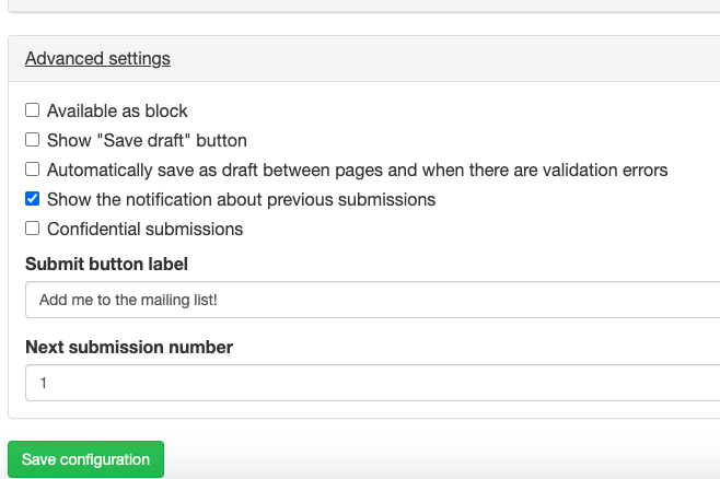 Screenshot of webform 'advanced settings' section, including Submit button label field