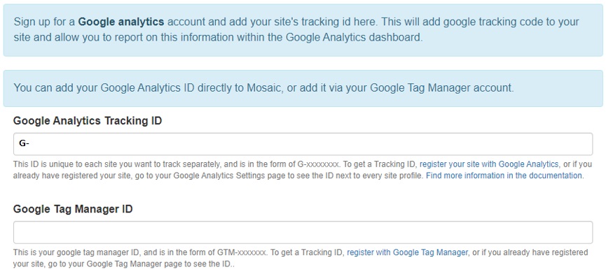 screenshot of google analytics tab in site settings showing fields to add tracking ID