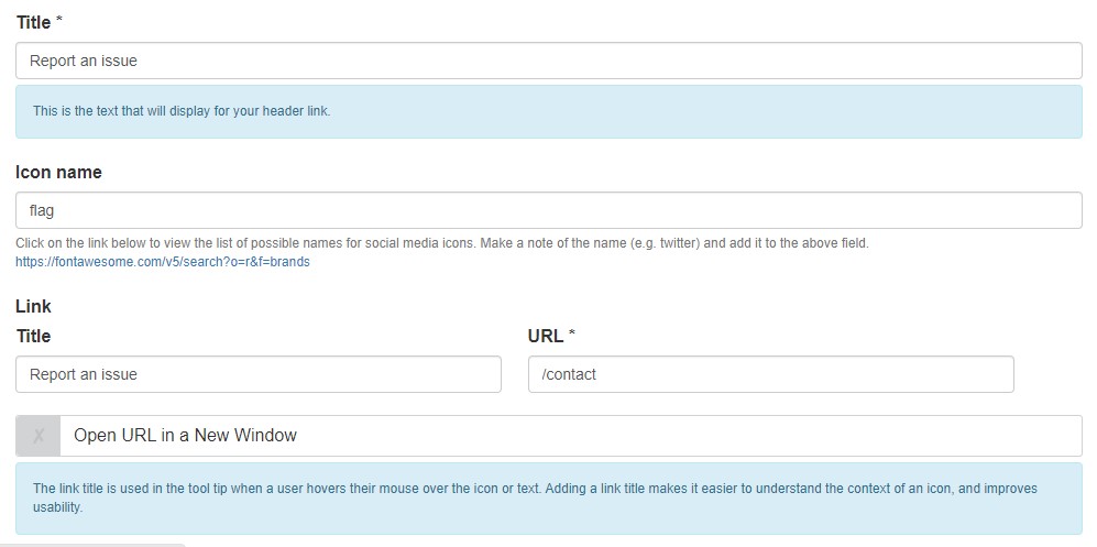 Screenshot of edit view for a secondary link