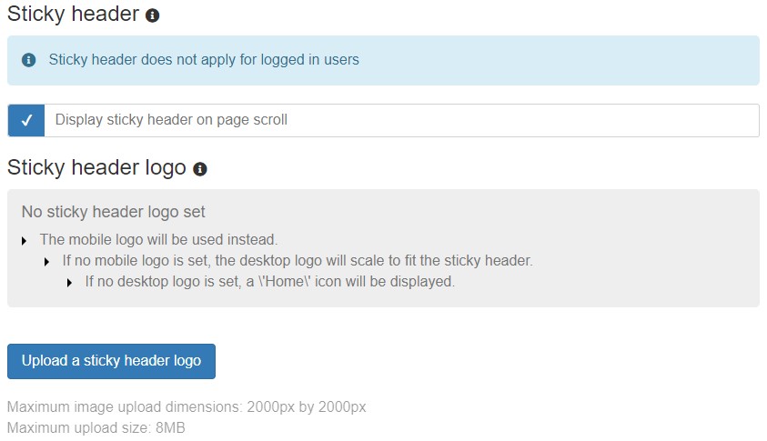 Screenshot of expanded Sticky header in Site Settings showing upload logo button