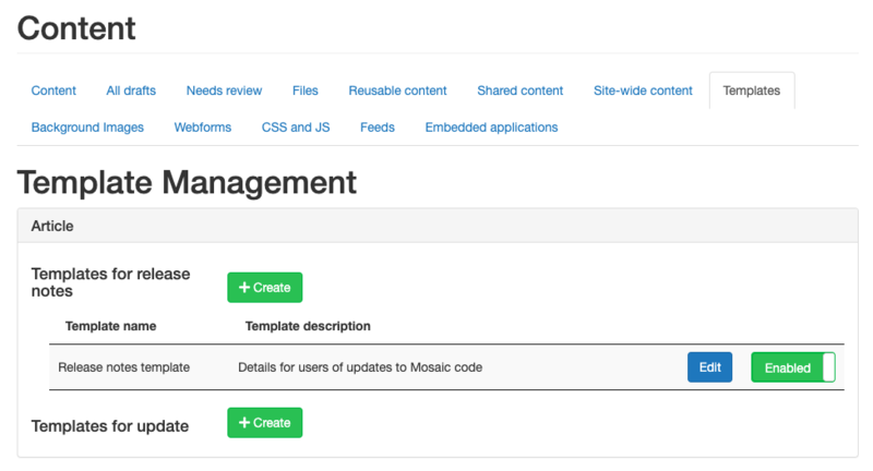 Screenshot of the Template Management page