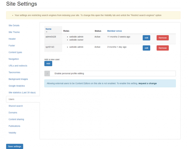 Screenshot: site settings, main menu